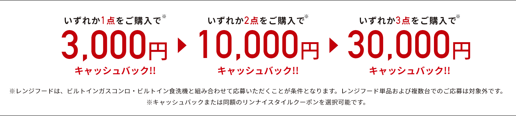 いずれか１点をご購入で3,000円、2点で10,000円、3点で30,000円キャッシュバック！！