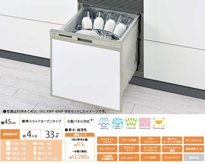 食器洗い乾燥機 洗剤洗浄タイプ：スライドオープンタイプ RSWA-C402C 