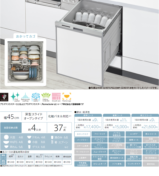 食器洗い乾燥機 洗剤洗浄タイプ：スライドオープン（深型）RSW-D401LPE 
