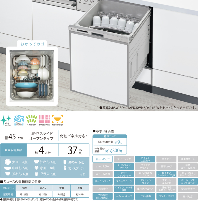 食器洗い乾燥機 洗剤洗浄タイプ：スライドオープン（深型）RSW-D401AE - リンナイ